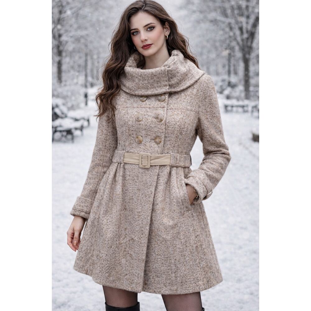 Vintage Marciano Wool Mohair Belted Coat Mock Neck Double Button Sz S Clean Girl